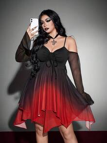 Whyspr Gaun Halloween Goth Gradient Mesh Lengan Panjang Transparan dengan Hem Asimetris untuk Musim Gugur - MultiWarna - View 6