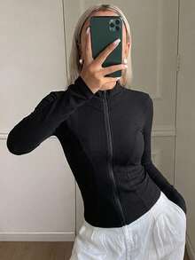 DAZY 女款小立領羅紋長袖修身基礎層休閒防曬薄外套 - 黑色 - 查看 6