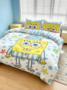 SpongeBob SquarePants | SHEIN 三件套動物卡通印花被套，拋光材質，柔軟保暖，藍色被套，雙面圖案，多種尺寸可選，適用於單人床/雙人床/加大床，絕佳禮物 - 淺藍色 - 查看 2