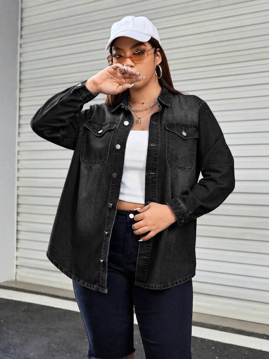 SHEIN EZwear 大尺碼女款單排扣休閒日常牛仔上衣 - 黑色 - 查看 1