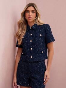 Enchnt Women's Elegant Commute Short Sleeve Jacket - Navy Blue - View 5