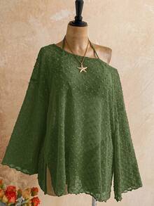Soleia Long Sleeve Asymmetrical Neck Knit Jacquard Loose Fit Slit Top - Dark Green - View 4