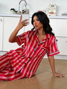 ZzzCrew Red Vertical Stripe Funny Dachshund Print Lapel Pajama Set - Red - View 6