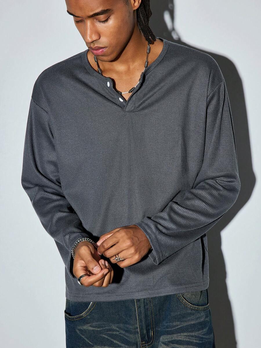 Modcrash Mens Henley Waffle Knit Shirt, Long Sleeve Lightweight Breathable Sun Protection Casual Top - Dark Grey - View 1