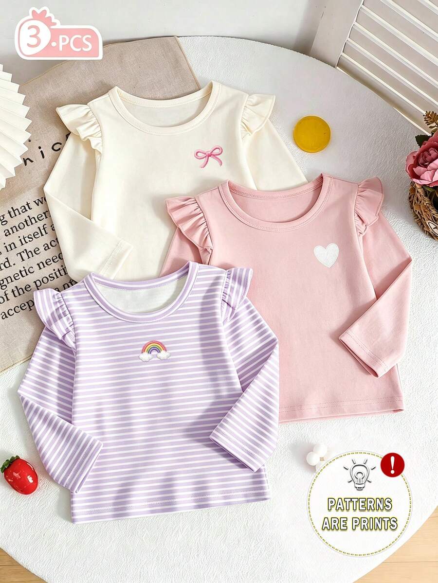 3PCS Baby Girls Bow Printed Flutter Sleeves Tops - Multicolor - View 1