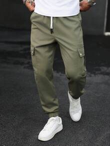 Manfinity CasualCool 男士成熟休閒純色軍綠色多口袋工裝束口休閒褲 - 軍綠色 - 查看 3