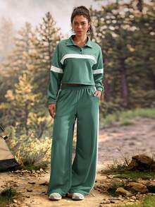 Exploreva Setelan Olahraga Longgar Berbahan Sweatshirt Berkerah Hijau dan Celana Panjang Lebar - Dark Green - View 3