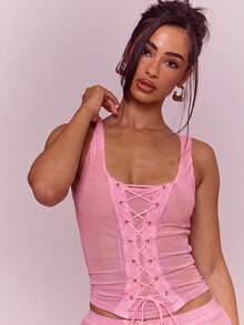 MUSERA Lace Up Front Fitted Corset Detail Top Sexy Spring Summer Evening Cute Elegant Date Night Festival V - Pink - View 2