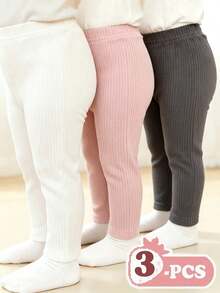 SHEIN Vintaside Kids 3件組女嬰法式簡約純色針織內搭褲，彈性腰頭，休閒日常百搭，可愛甜美 - 彩色 - 查看 5
