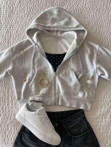 IslaSuriya Solid Color Loose Fit Hooded Sweatshirt Jacket For Women - Light Grey - View 1