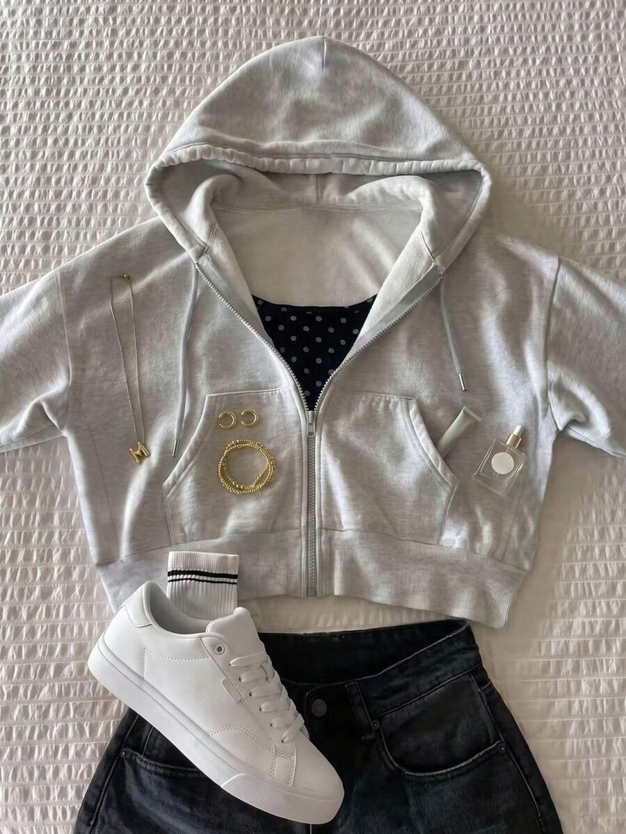 IslaSuriya Solid Color Loose Fit Hooded Sweatshirt Jacket For Women - Light Grey - View 1