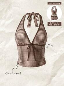 SHEIN Swim 女士随机印花细肩带蝴蝶结吊带比基尼上衣，春夏沙滩装，夏季泳装，格子泳装，挂脖泳装 - 彩色 - 查看 1
