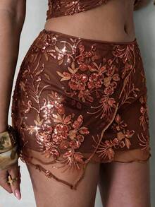 Glamine Minifalda vintage de lentejuelas disco para salir, sexy y elegante, marrón con estampado floral, bajo cintura, efecto moldeador, ajustado, con bajo asimétrico de malla, para mujer, fiesta de otoño y noche - Marrón - Ver 4