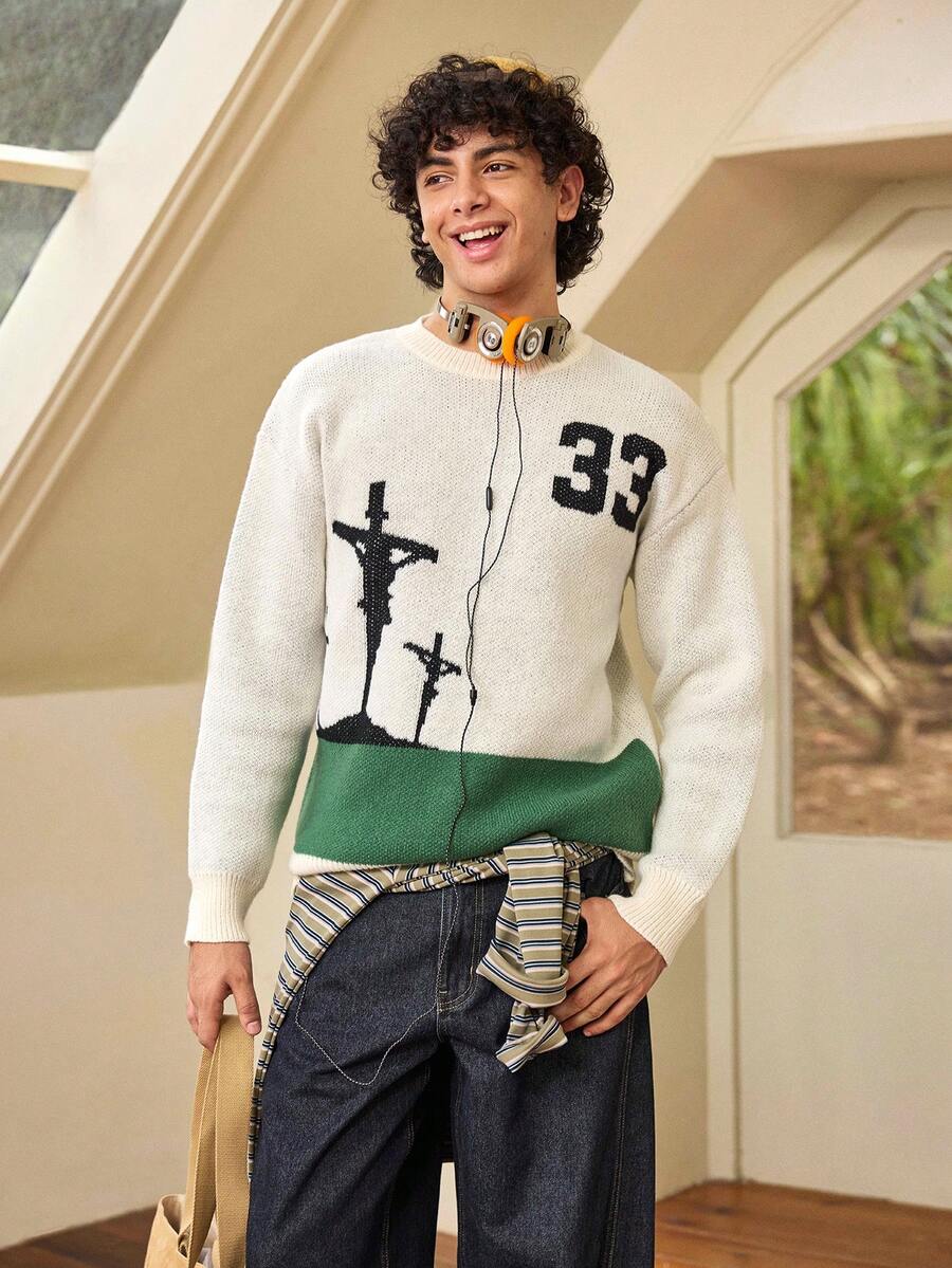 Whitmere ANDREILEE Sweater Pullover Pria Kasual Longgar Warna Polos dengan Pola Angka & Huruf Inggris, Serbaguna untuk Berpergian, Musim Gugur/Dingin - Aprikot - View 1