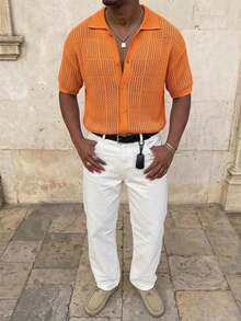 RivetRise Men's Solid Color Short Sleeve Hollow Knit Top - Coral Orange - View 2