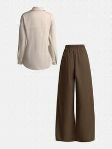 GlowEve Setelan Kasual 2 Potong Wanita Lengan Panjang Warna Polos dengan Ikat Pinggang dan Celana Lipit - Khaki - View 2