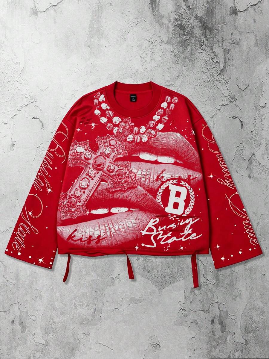 ROMWE MEN Street Life Designer Vintage Streetwear Heavy Distressed Saint Graphic Long Sleeve Crew Neck Men's T-Shirt - Red - View 1