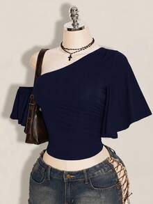 SHEIN ICON 女款素色不對稱領休閒百搭日常上衣 - 藏蓝色 - 查看 4
