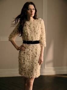 MOTF PREMIUM FASHIONABLE ELEGANT SOPHISTICATED SEQUIN EMBROIDERED HEAVY CRAFT FAUX FUR SHORT DRESS FOR WOMEN - Apricot - View 5
