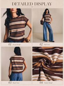 Poéselle Women Striped Sweater Vest, Round Neck Sleeveless Knit Top For Daily Wear, Vintage-Style Striped Vest,Women Fall Winter Sweater - Coffee Brown - View 8