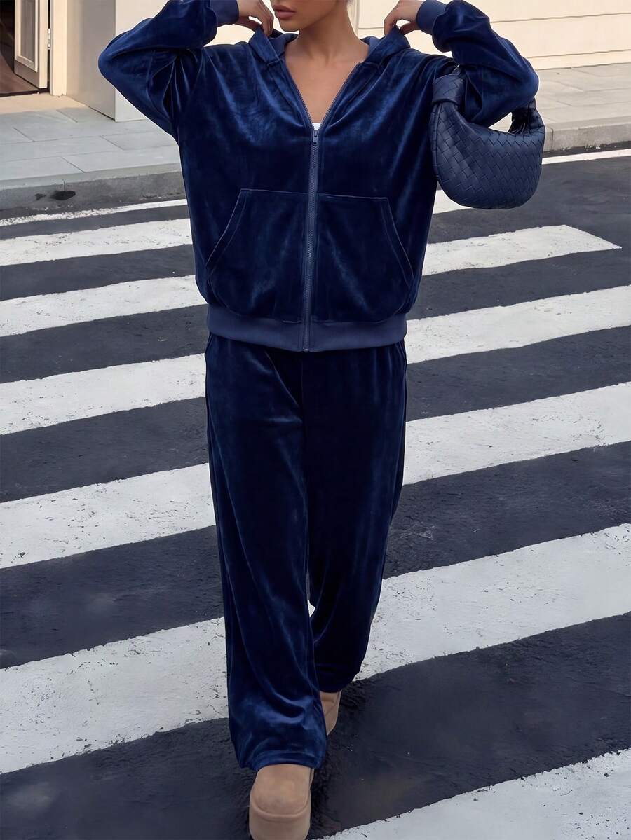 SHEIN 青少年女孩天鵝絨兩件套,秋冬加厚保暖內裡海軍藍天鵝絨連帽外套套裝 - 藏蓝色 - 查看 1