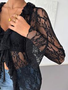 Lavishia Women's Elegant Sexy Long Lace Ruffle Top,Fall/All-Season Rave Renaissance Fair Hippie Music Festival Gyaru Party Lace Straps Ruffle Ribbon Long Coat - Black - View 6