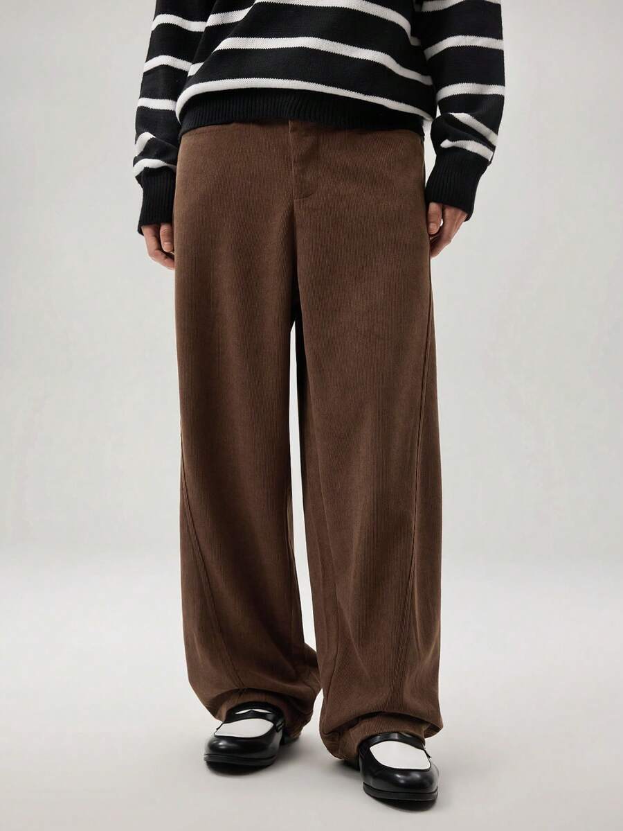 Vaulklash American Corduroy Washed Utility Pants For Men, High-End Casual Loose Straight Leg Trousers, Japanese Style Wide Parts, Fall Winter - Coffee Brown - View 1