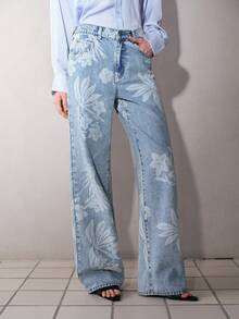 MOTF PREMIUM WOMEN'S CASUAL FLORAL PRINT STRAIGHT LEG JEANS - Blue - View 8