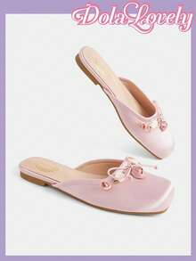 Dola Lovely Damen Rosa Satin Quadratische Zehen Schleife Blume Flache Schuhe, Sanft und Süß Vielseitig Temperament Slouchy Mules Schuhe, Modische Mules - Pink - Übersicht 3
