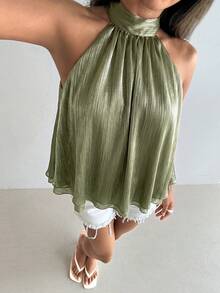 Aloruh Women's Elegant Shiny Pink Backless Top - Olive Green - View 6
