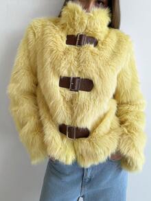 Aloruh Women's Autumn/Winter Fitted Long Sleeve Faux Fur Jacket With Small Stand Collar And Button Closure, Light Yellow - Light Yellow - View 1