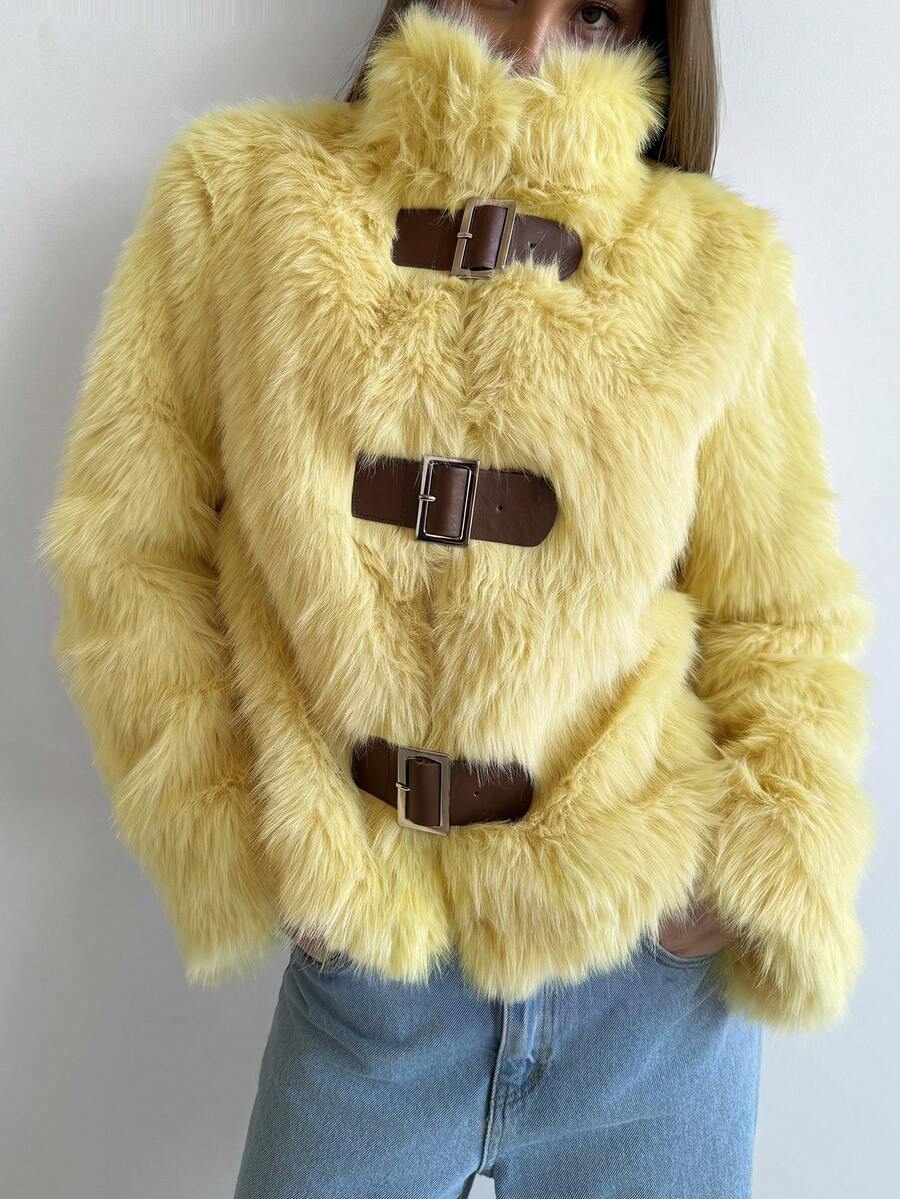 Aloruh Women's Autumn/Winter Fitted Long Sleeve Faux Fur Jacket With Small Stand Collar And Button Closure, Light Yellow - Light Yellow - View 1