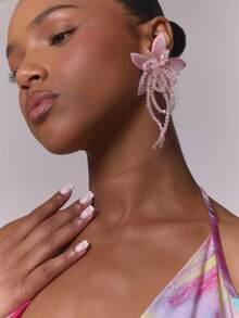 MUSERA Three-Dimensional Flower Earrings, Pink Beaded Fringed Earrings, Gentle And Temperamental Pink Earrings, Versatile Pink Earrings For Daily Commuting - Pink - View 1