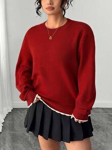 Elenzga Plus Size Colorblock Shawl Collar Round Neck Long Sleeve Slimming Versatile Knit Sweater Winter - Red - View 3