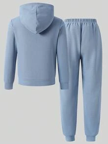 SHEIN 青少年男孩休閒拉鍊連帽衛衣與運動褲套裝，2件式日常穿著、通勤與運動套裝 - 藍色 - 查看 2