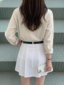 DAZY 女款休閒百搭寬鬆純色襯衫 - 杏色 - 查看 2