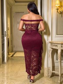 NU&NOW Gaun Asimetris Berlapis Ruffle Seksi Ukuran Plus - Burgundy - View 6