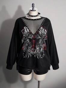 SHEIN ICON 大尺碼 Y2K 哥德風優雅復古龐克印花網布拼接鉚釘休閒衛衣，黑色，適合萬聖節、秋季、夜店派對 - 黑色 - 查看 3