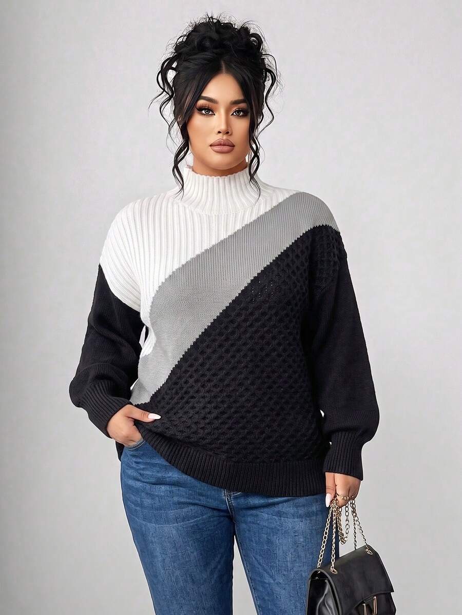 Elenzga Plus Size Women's Winter Knit Pullover Sweater, Solid Color High Neck, Casual Versatile - Black and White - View 1