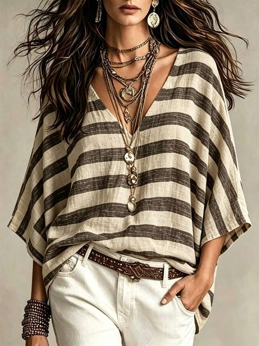 Trelyra Vintage Striped V-Neck Drop Shoulder Loose Top, Bohemian Style Colorblock Striped Drop Shoulder Short Sleeve Blouse - Brown - View 1
