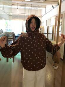 DAZY Women's Polka Dot Drawstring Hooded Casual Daily Long Sleeve Denim Jacket Fall - Brown - View 4