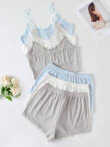 Lullawish 3 件套女士甜美纯色蕾丝蝴蝶结睡衣套装休闲套装 - 彩色 - 查看 2