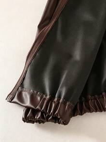 SHEIN Tween Girls Streetwear Solid Color PU Leather Loose Fit Jacket, Back To School Fall - Brown - View 4