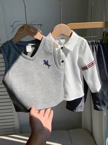 3pcs/Set Baby Boy Autumn/Winter Preppy Casual Vest Shirt Pants Set, 3 Pieces Outfit, Infant Outfit, Jacket Set, Shirt Set - Multicolor - View 1