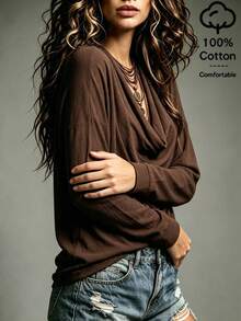 SHEIN Vintage Coffee Brown Micro-Crinkled Texture Fabric Deep Draped Neck Multi-Layer Draped Ruffle Loose Straight Fit 3/4 Sleeve Side-Gathered Solid Color Top - Coffee Brown - View 6