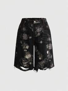 ROMWE Fairycore Vintage Floral Print Washed Plus Size Women's Loose Wide Leg Denim Capri Pants - Black - View 1