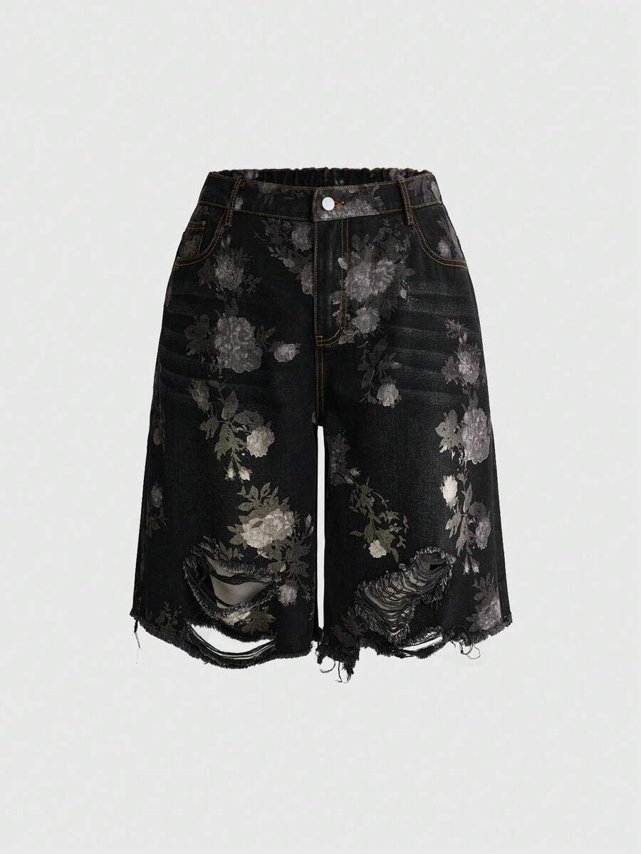 ROMWE Fairycore Vintage Floral Print Washed Plus Size Women's Loose Wide Leg Denim Capri Pants - Black - View 1