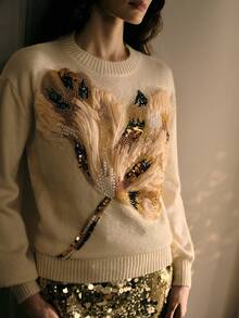 MOTF SEQUIN BEADED FLORAL PATTERN SWEATER - Apricot - View 3