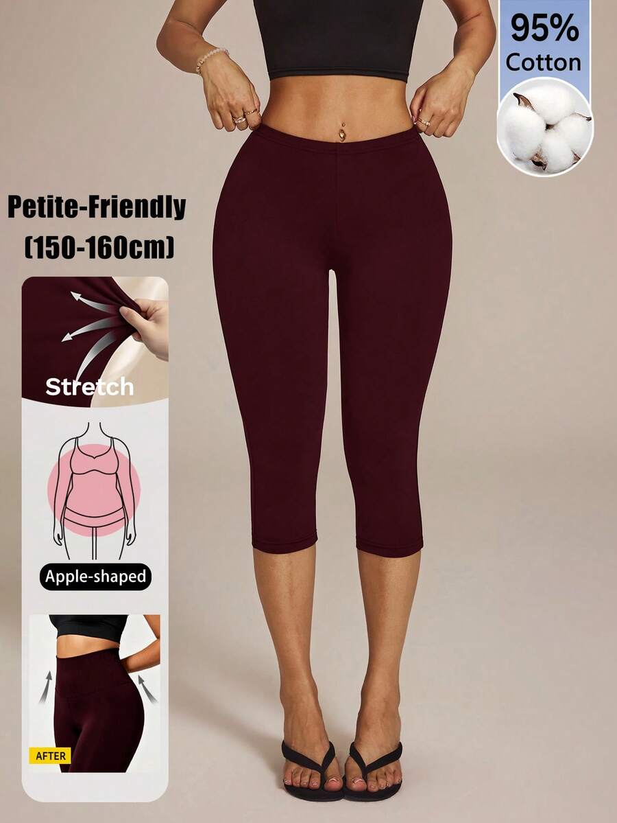 SHEIN PETITE 女款 95% 棉 Caprileggings 七分緊身褲 - 酒紅色 - 查看 1