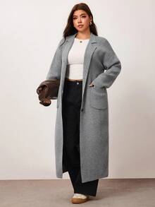 Enliva Plus Size Women Solid Color Lapel NeckLong Sleeve Long Loose Knit Cardigan Winter - Grey - View 7